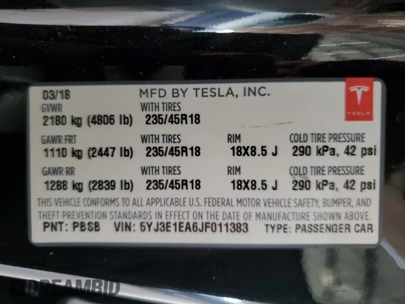 2018 Tesla Model 3 Long Range Battery with VIN 5YJ3E1EA6JF011383, listed as a Copart auction lot 51147185 with 148,507 mi miles and Clean Title. Bid and sale history available at DreamBid. Image 12.
