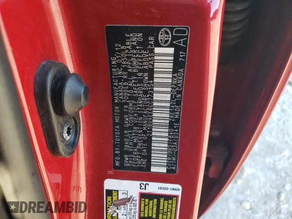 2012 Toyota Corolla L with VIN 2T1BU4EE6CC773154, listed as a Copart auction lot 50983465 with 216,460 mi miles and Salvage Title. Bid and sale history available at carsss.com. Image 12.