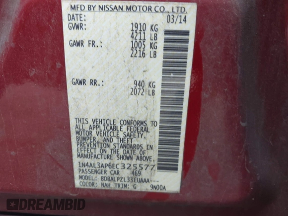 2014 Nissan Altima SV with VIN 1N4AL3AP6EC325577, listed as a IAAI auction lot 41975682 with 241,399 mi miles and . Bid and sale history available at DreamBid. Image 9.