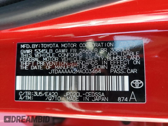 2021 Toyota Mirai XLE with VIN JTDAAAAA2MA003464, listed as a Copart auction lot 57154465 with 23,289 mi miles and Salvage title. Bid and sale history available at DreamBid. Image 12.