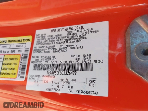2016 Ford Mustang GT with VIN 1FA6P8CF3G5326429, listed as a IAAI auction lot 41847766 with 87,792 mi miles. Bid and sale history available at carsss.com. Image 9.