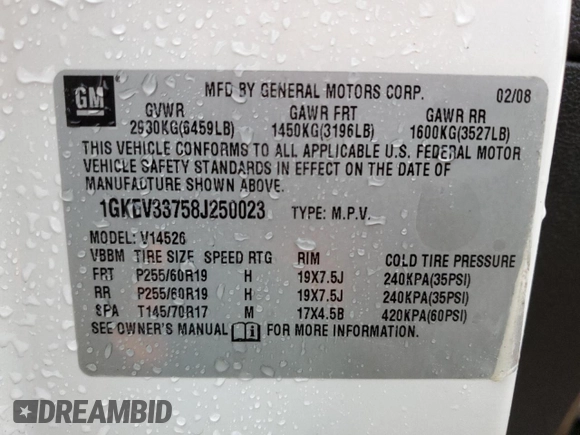 2008 GMC Acadia SLT2 with VIN 1GKEV33758J250023, listed as a Copart auction lot 51662915 with 231,475 mi miles and Non Repairable. Bid and sale history available at DreamBid. Image 13.