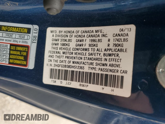 2013 Honda Civic Cpe LX with VIN 2HGFG3B58DH512365, listed as a Copart auction lot 85825034 with 0 mi miles and Salvage Title. Bid and sale history available at carsss.com. Image 13.
