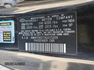 2010 Hyundai Genesis Coupe with VIN KMHHT6KD7AU015209, listed as a Copart auction lot 61807445 with 96,308 mi miles and Salvage title. Bid and sale history available at DreamBid. Image 12.