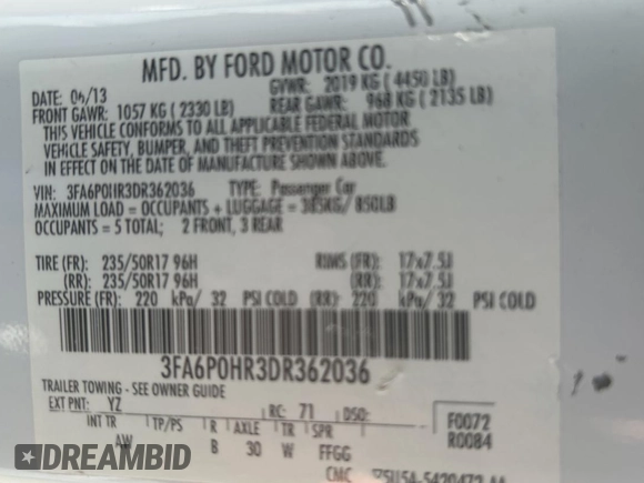 2013 Ford Fusion SE with VIN 3FA6P0HR3DR362036, listed as a Copart auction lot 61274745 with 144,276 mi miles and Clean title. Bid and sale history available at DreamBid. Image 10.