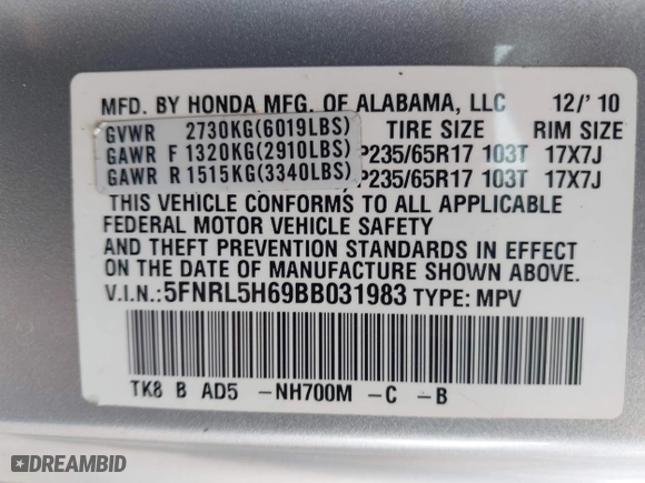 2011 Honda Odyssey EX-L with VIN 5FNRL5H69BB031983, listed as a IAAI auction lot 41947443 with 148,111 mi miles. Bid and sale history available at carsss.com. Image 9.