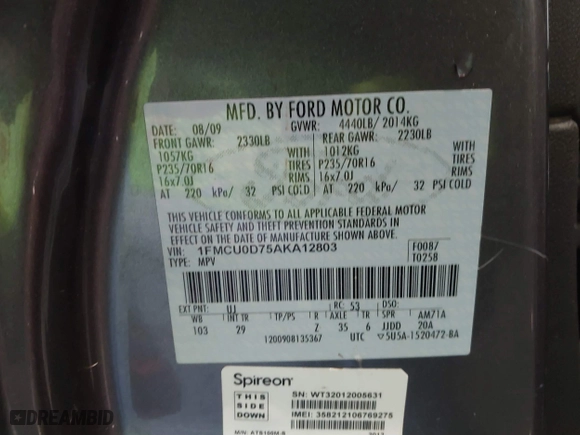 2010 Ford Escape XLT with VIN 1FMCU0D75AKA12803, listed as a IAAI auction lot 41339117 with 175,580 mi miles. Bid and sale history available at carsss.com. Image 9.