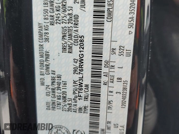 2024 Ford F-150 Lightning Flash with VIN 1FT6W3L76RWG12085, listed as a Copart auction lot 87181614 with 17,444 mi miles and Salvage title. Bid and sale history available at DreamBid. Image 12.
