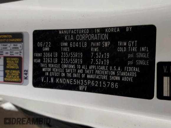2023 Kia Carnival SX with VIN KNDNE5H35P6215786, listed as a Copart auction lot 89409995 with 34,924 mi miles and Salvage Title. Bid and sale history available at carsss.com. Image 13.