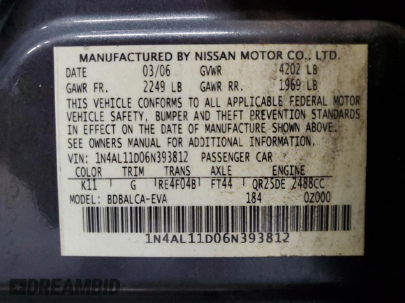 2006 Nissan Altima 2.5 with VIN 1N4AL11D06N393812, listed as a Copart auction lot 53368755 with 142,002 mi miles and Salvage Title. Bid and sale history available at carsss.com. Image 13.