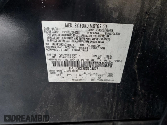 2011 Ford Taurus SHO with VIN 1FAHP2KT2BG108878, listed as a Copart auction lot 87736235 with Not Provided miles and Clean Title. Bid and sale history available at DreamBid. Image 13.
