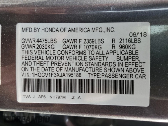 2018 Honda Accord Sedan Sport 1.5T with VIN 1HGCV1F3XJA195186, listed as a Copart auction lot 61652694 with 0 mi miles and Non Repairable. Bid and sale history available at carsss.com. Image 13.