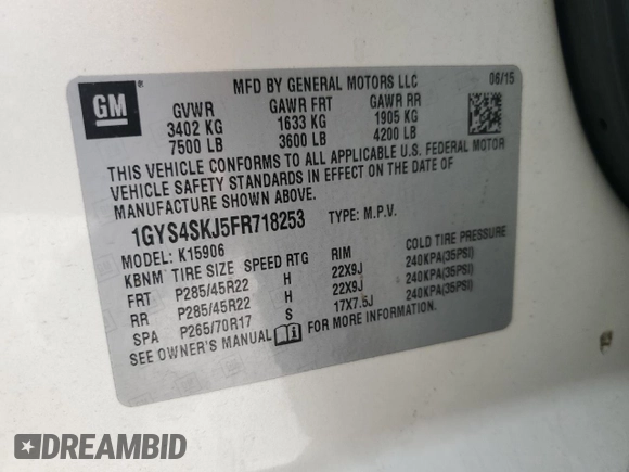 2015 Cadillac Escalade ESV Luxury z VIN 1GYS4SKJ5FR718253, wystawiony jako Copart lot #48767875 z przebiegiem 173 682 mil mil oraz Szkoda całkowita • Salvage title. Historia ofert i sprzedaży dostępna na DreamBid. Obrazek 13.
