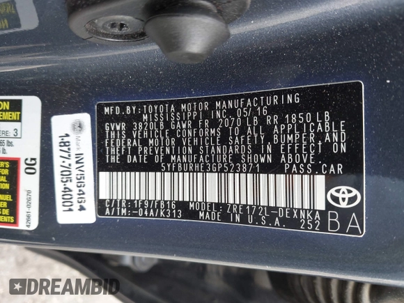 2016 Toyota Corolla L with VIN 5YFBURHE3GP523871, listed as a IAAI auction lot 42022838 with 82,723 mi miles and . Bid and sale history available at DreamBid. Image 9.