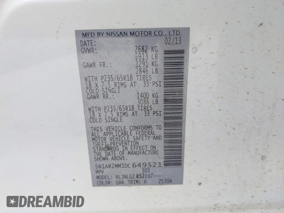 2013 Nissan Pathfinder SL with VIN 5N1AR2MM1DC649521, listed as a IAAI auction lot 42640095 with 143,503 mi miles and . Bid and sale history available at DreamBid. Image 9.