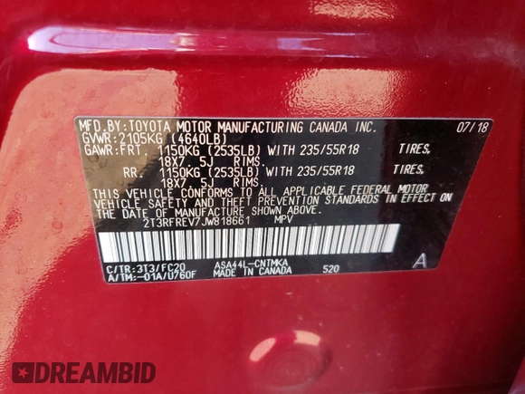 2018 Toyota RAV4 XLE with VIN 2T3RFREV7JW818661, listed as a Copart auction lot 65756615 with 56,369 mi miles and Salvage title. Bid and sale history available at DreamBid. Image 13.