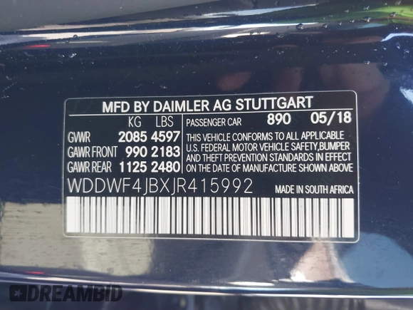 2018 Mercedes-Benz C 300 with VIN WDDWF4JBXJR415992, listed as a IAAI auction lot 41681884 with 49,695 mi miles and . Bid and sale history available at DreamBid. Image 9.