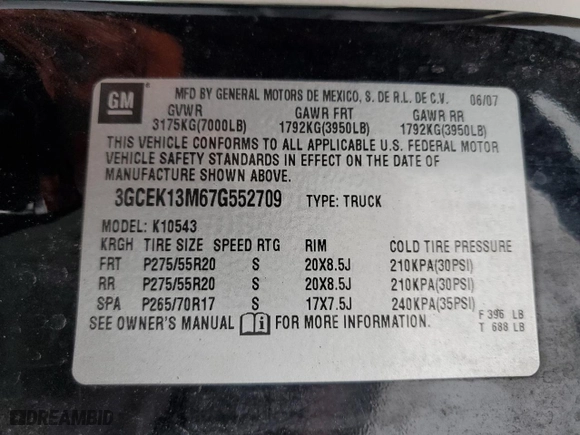 2007 Chevrolet Silverado 1500 LT w/2LT with VIN 3GCEK13M67G552709, listed as a Copart auction lot 85524894 with NaN miles and Clean Title. Bid and sale history available at carsss.com. Image 12.