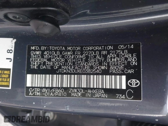 2014 Toyota Prius Four with VIN JTDKN3DUXE0382540, listed as a IAAI auction lot 41922162 with 209,037 mi miles. Bid and sale history available at carsss.com. Image 9.