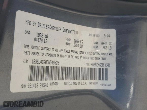 2005 Dodge Stratus SXT z VIN 1B3EL46R85N540525, wystawiony jako Copart lot #52318255 z przebiegiem 181 208 mil mil oraz Szkoda całkowita • Salvage title. Historia ofert i sprzedaży dostępna na DreamBid. Obrazek 14.