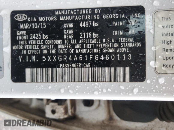 2015 Kia Optima SXL Turbo with VIN 5XXGR4A61FG460113, listed as a Copart auction lot 83694364 with 144,901 mi miles and Salvage Title. Bid and sale history available at DreamBid. Image 12.