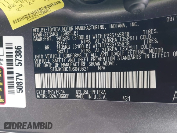 2013 Toyota Sienna LE with VIN 5TDJK3DC1DS049621, listed as a IAAI auction lot 42027930 with 206,148 mi miles and . Bid and sale history available at DreamBid. Image 9.