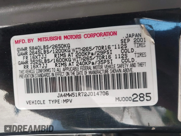 2002 Mitsubishi Montero Limited z VIN JA4MW51R72J014706, wystawiony jako IAAI lot #41829993 z przebiegiem 201 091 mil mil oraz . Historia ofert i sprzedaży dostępna na DreamBid. Obrazek 9.