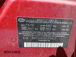 2016 Hyundai Sonata SE with VIN 5NPE24AF0GH379413, listed as a IAAI auction lot 42051299 with 101,781 mi miles and . Bid and sale history available at carsss.com. Image 9.