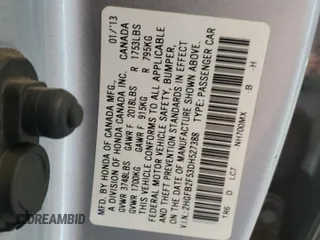 2013 Honda Civic LX with VIN 2HGFB2F53DH527388, listed as a Copart auction lot 46123985 with 146,591 mi miles and Salvage Title. Bid and sale history available at DreamBid. Image 12.
