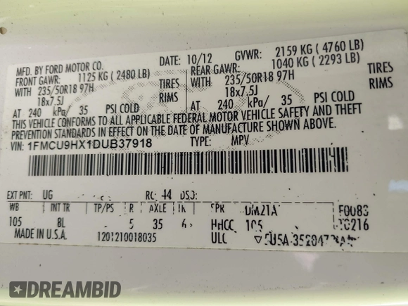 2013 Ford Escape SEL with VIN 1FMCU9HX1DUB37918, listed as a IAAI auction lot 41644931 with 153,726 mi miles and . Bid and sale history available at DreamBid. Image 9.