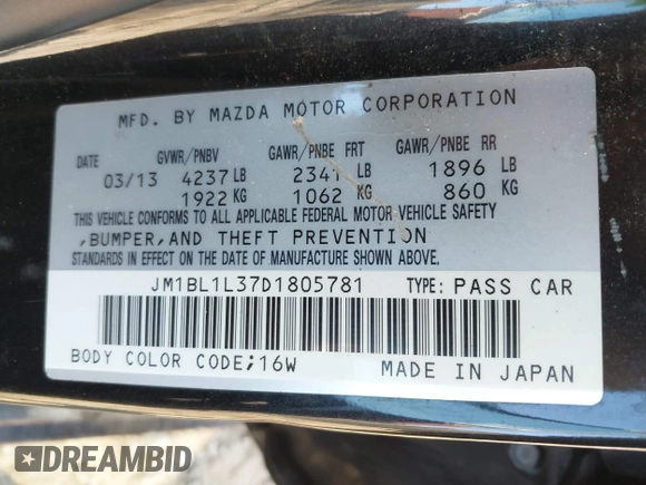 2013 Mazda 3 Mazdaspeed3 Touring with VIN JM1BL1L37D1805781, listed as a IAAI auction lot 40712091 with 85,064 mi miles and . Bid and sale history available at DreamBid. Image 9.