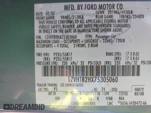 2007 Ford Mustang GT Deluxe с VIN 1ZVHT82HX75305060, выставлен на аукционе IAAI как лот 39574196 с пробегом 90 294 миль миль и . История ставок и продаж доступна на DreamBid. Изображение 9.