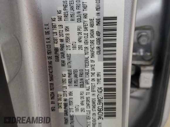2021 Mazda CX-30 Preferred with VIN 3MVDMBCL5MM271404, listed as a Copart auction lot 51482485 with 16,175 mi miles and Salvage Title. Bid and sale history available at DreamBid. Image 13.