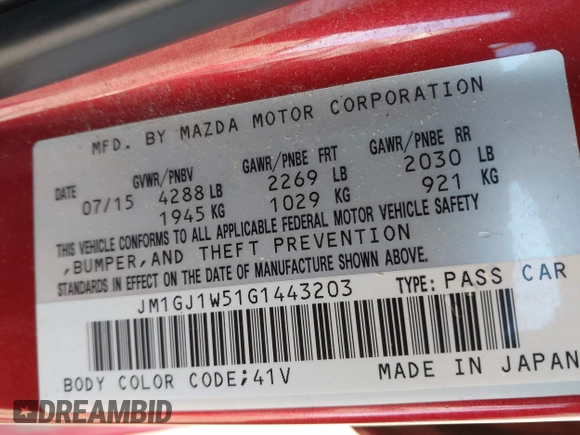2016 Mazda 6 i Grand Touring with VIN JM1GJ1W51G1443203, listed as a IAAI auction lot 41247354 with 144,840 mi miles. Bid and sale history available at carsss.com. Image 9.