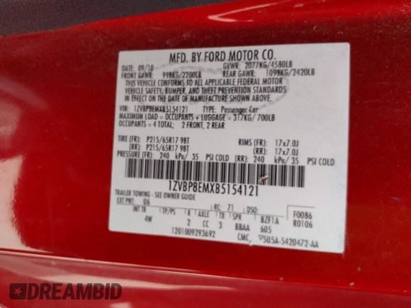 2011 Ford Mustang V6 with VIN 1ZVBP8EMXB5154121, listed as a IAAI auction lot 42154423 with 128,949 mi miles and . Bid and sale history available at DreamBid. Image 9.