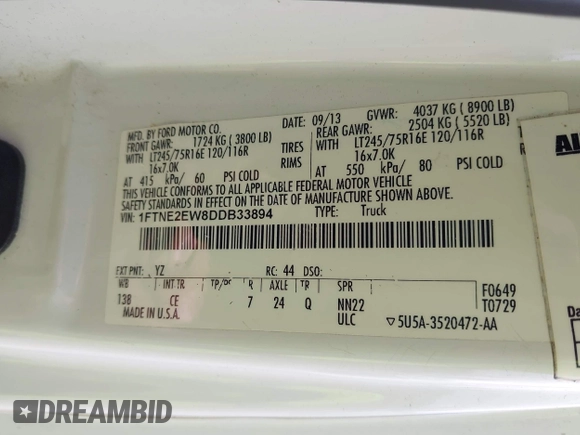 2013 Ford Econoline Cargo Commercial with VIN 1FTNE2EW8DDB33894, listed as a IAAI auction lot 42841415 with 224,026 mi miles and . Bid and sale history available at DreamBid. Image 9.