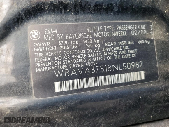 2008 BMW 3 Series 328i with VIN WBAVA37518NL50982, listed as a Copart auction lot 80263354 with 103,352 mi miles and Salvage Title. Bid and sale history available at DreamBid. Image 12.