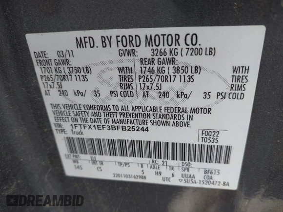 2011 Ford F-150 XL with VIN 1FTFX1EF3BFB25244, listed as a IAAI auction lot 42208718 with 187,101 mi miles and . Bid and sale history available at DreamBid. Image 9.
