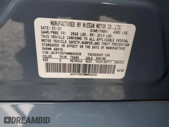 2021 Infiniti Q50 Red Sport 400 with VIN JN1FV7DPXMM850635, listed as a Copart auction lot 88910655 with 29,237 mi miles and Salvage Title. Bid and sale history available at DreamBid. Image 13.