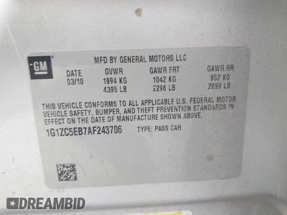 2010 Chevrolet Malibu 1LT with VIN 1G1ZC5EB7AF243706, listed as a IAAI auction lot 42184547 with 165,794 mi miles and . Bid and sale history available at DreamBid. Image 9.