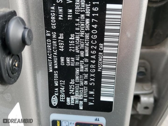 2012 Kia Optima SX with VIN 5XXGR4A62CG047161, listed as a Copart auction lot 53131235 with 103,110 mi miles and Clean Title. Bid and sale history available at carsss.com. Image 12.