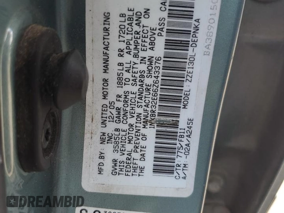 2006 Toyota Corolla CE with VIN 1NXBR32E66Z643376, listed as a Copart auction lot 59279665 with Not provided miles and Salvage title. Bid and sale history available at DreamBid. Image 12.