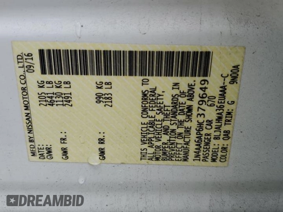 2017 Nissan Maxima S with VIN 1N4AA6AP6HC379649, listed as a Copart auction lot 43434295 with 115,343 mi miles and Salvage Title. Bid and sale history available at DreamBid. Image 13.