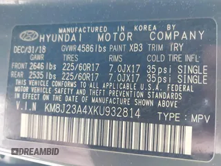 2019 Hyundai Tucson SE with VIN KM8J23A4XKU932814, listed as a IAAI auction lot 40968319 with 107,365 mi miles. Bid and sale history available at carsss.com. Image 9.