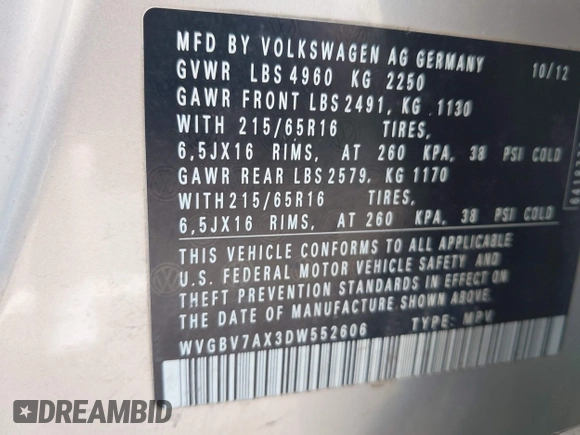 2013 Volkswagen Tiguan SE z VIN WVGBV7AX3DW552606, wystawiony jako IAAI lot #42174927 z przebiegiem 164 071 mil mil oraz . Historia ofert i sprzedaży dostępna na DreamBid. Obrazek 9.
