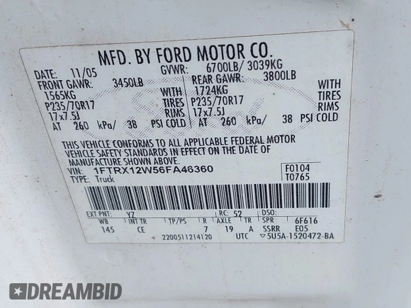 2006 Ford F-150 STX with VIN 1FTRX12W56FA46360, listed as a IAAI auction lot 41908105 with 1 mi miles. Bid and sale history available at carsss.com. Image 9.