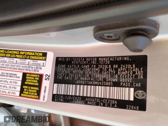 2021 Toyota Camry SE Nightshade with VIN 4T1G11AK8MU425865, listed as a Copart auction lot 50732965 with 88,275 mi miles and Salvage Title. Bid and sale history available at carsss.com. Image 13.