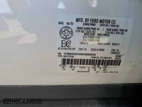 2022 Ford Explorer ST-Line с VIN 1FMSK8KH6NGB60656, выставлен на аукционе Copart как лот 58829205 с пробегом 41 723 миль миль и Списание • Salvage title. История ставок и продаж доступна на DreamBid. Изображение 14.