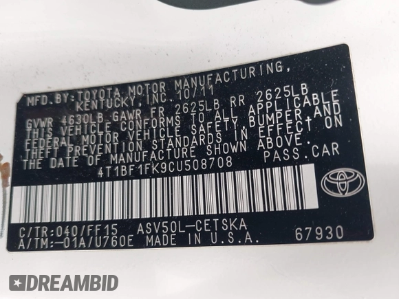 2012 Toyota Camry L with VIN 4T1BF1FK9CU508708, listed as a IAAI auction lot 42092524 with 287,691 mi miles. Bid and sale history available at carsss.com. Image 9.