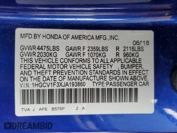 2018 Honda Accord Sedan Sport 1.5T with VIN 1HGCV1F3XJA193860, listed as a Copart auction lot 44686625 with 156,106 mi miles and Salvage Title. Bid and sale history available at carsss.com. Image 14.